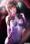  arm_behind_back artist_name bangs bodysuit breasts brown_eyes brown_hair collar cowboy_shot d.va_(overwatch) headphones highres lacanishu lipgloss lips long_hair mecha medium_breasts meka_(overwatch) overwatch parted_lips pilot_suit realistic skin_tight smile solo swept_bangs 