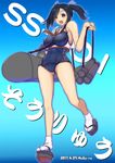  bare_shoulders blue_hair breasts clenched_hand covered_navel dated framed_breasts full_body hair_between_eyes hair_ribbon kantai_collection large_breasts looking_at_viewer mokerou one-piece_swimsuit open_mouth ribbon sailor_collar school_swimsuit short_hair solo souryuu_(jmsdf) souryuu_(kantai_collection) standing standing_on_one_leg submarine swimsuit thighs twintails watercraft 