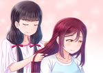 alternate_hairstyle bangs blunt_bangs blush brown_eyes brown_hair closed_eyes closed_mouth commentary_request eyebrows_visible_through_hair hair_between_eyes hair_brush hair_brushing hair_over_shoulder hair_ribbon hand_in_another's_hair highres kurosawa_dia long_hair love_live! love_live!_sunshine!! low_twintails mole mole_under_mouth multiple_girls naato_(naht) pink_background red_hair red_ribbon ribbon sakurauchi_riko shirt smile twintails upper_body 
