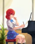  absurdres bench blue_bow blue_neckwear blue_skirt bow bowtie clenched_hand hand_to_own_mouth highres holding holding_paper holding_pencil instrument knees_together looking_down love_live! love_live!_school_idol_project nishikino_maki otonokizaka_school_uniform paper pencil piano piano_bench plaid plaid_skirt plant potted_plant purple_eyes red_hair school_uniform shirt short_hair short_sleeves sitting skirt smile solo striped striped_bow striped_neckwear white_shirt yohan1754 