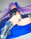  absurdres ass ass_visible_through_thighs black_coat breasts crotch_plate fate/extra fate/extra_ccc fate_(series) from_below hair_ribbon highres long_hair looking_at_viewer meltlilith mk_(masatusaboten) navel purple_eyes purple_hair revealing_clothes ribbon simple_background small_breasts solo thighhighs thighs very_long_hair 