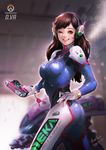  ;d absurdres acronym arm_cannon artist_name ass bangs bodysuit boots bracer breasts brown_eyes brown_hair character_name charm_(object) clothes_writing copyright_name cowboy_shot d.va_(overwatch) emblem facepaint facial_mark finger_on_trigger from_side gatling_gun gloves gun hand_on_hip handgun headphones highres holding holding_gun holding_weapon large_breasts legs_apart lips lipstick logo long_hair long_sleeves looking_at_viewer makeup mecha meka_(overwatch) one_eye_closed open_mouth overwatch pauldrons pilot_suit pink_lips pink_lipstick ribbed_bodysuit sang-hun_in shiny shiny_clothes shoulder_pads signature skin_tight smile solo thigh_boots thigh_strap thighhighs turtleneck weapon whisker_markings white_gloves 