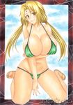  1girl arm_under_breasts artist_name bare_legs bare_midriff bare_thighs bikini blonde_hair breasts clouds green_bikini hand_between_legs large_breasts long_hair midriff naruto navel sandals smile swimsuit takecha tsunade twintails 