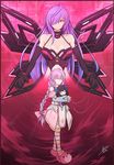  angry animal_slippers bare_shoulders blue_hair bow braid breasts bustier character_doll cleavage closed_eyes collarbone doll dress dual_persona elbow_gloves full_body gloves hair_bow iris_heart kami_jigen_game_neptune_v large_breasts long_hair mechanical_wings neptune_(series) noire power_symbol purple_hair pururut red_eyes shaded_face shoes signature single_braid striped striped_legwear symbol-shaped_pupils wings 