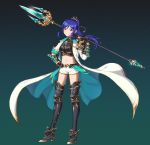  1girl :d armor armored_boots bangs black_background black_gloves blue_hair boots breastplate breasts coat collarbone commentary_request corsetman crop_top floating_hair full_body gauntlets gloves gradient gradient_background grin groin hair_ornament hand_on_hip hand_up high_heels highres holding holding_spear holding_weapon legs_apart long_coat long_hair long_sleeves love_live! love_live!_sunshine!! matsuura_kanan midriff navel open_clothes open_coat open_mouth over_shoulder parted_bangs polearm ponytail purple_eyes short_shorts shorts shoulder_armor sidelocks sleeves_folded_up small_breasts smile solo spear standing stomach tareme teeth thigh_boots thighhighs thighs trident weapon weapon_over_shoulder white_coat white_shorts wing_collar 