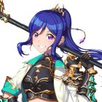 1girl :d armor bangs black_gloves blue_hair blush breastplate breasts coat collarbone corsetman crop_top floating_hair gauntlets glint gloves grin hair_ornament hand_up highres holding holding_spear holding_weapon long_hair long_sleeves love_live! love_live!_sunshine!! matsuura_kanan open_clothes open_coat open_mouth over_shoulder parted_bangs polearm ponytail purple_eyes shoulder_armor sidelocks simple_background sleeves_folded_up small_breasts smile solo spear tareme teeth upper_body weapon weapon_over_shoulder white_background white_coat wing_collar 