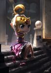  adjusting_hair barefoot blonde_hair blue_eyes cassio_yoshiyaki dress elbow_gloves forehead_jewel gloves high_ponytail highres long_hair pigeon-toed pink_dress pointy_ears princess_zelda shoes_removed solo stairs the_legend_of_zelda the_legend_of_zelda:_the_wind_waker tiara toes white_gloves 