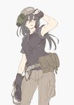  armpit_peek ayyh belt between_breasts black_hair breasts cargo_pants collarbone fingerless_gloves flat_color gloves hat headset highres long_hair original pants parted_lips red_eyes shirt shooting_glasses solo strap_cleavage sweat t-shirt utility_belt 