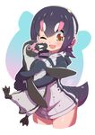  ;d absurdres bird black_hair blush commentary grape-kun happy headphones highres hug humboldt_penguin humboldt_penguin_(kemono_friends) jacket japari_symbol kemono_friends multicolored_hair one_eye_closed open_mouth orange_eyes penguin penguin_tail pink_hair rogeris short_hair simple_background smile tail thighs two-tone_hair white_background 