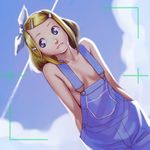  blonde_hair blue_eyes bow breasts hair_bow highres kagamine_rin looking_to_the_side naked_overalls no_bra overalls petite short_hair small_breasts smile solo soon vocaloid 