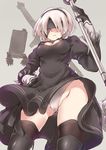  ass_visible_through_thighs ayyh blindfold breasts cameltoe cleavage_cutout contrapposto feather_trim from_below groin hand_on_hip highres juliet_sleeves long_sleeves medium_breasts mole mole_under_mouth nier_(series) nier_automata panties pantyshot pod_(nier_automata) puffy_sleeves silver_hair skindentation standing thighhighs underwear yorha_no._2_type_b 