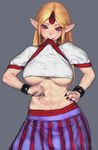  abs blonde_hair breasts contrapposto cuffs gengoroumaru_(ambidextrous) hand_on_hip highres horn hoshiguma_yuugi large_breasts lifted_by_self long_hair looking_at_viewer mouth_hold pointy_ears puffy_short_sleeves puffy_sleeves red_eyes shirt shirt_lift short_sleeves smile solo standing touhou twitter_username underboob 