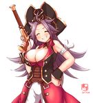  breasts cleavage closed_eyes commentary_request cosplay fate/extra fate_(series) francis_drake_(fate) francis_drake_(fate)_(cosplay) gun hat highres jun'you_(kantai_collection) kanon_(kurogane_knights) kantai_collection large_breasts look-alike pirate_costume pirate_hat purple_hair simple_background sleeveless smile spiked_hair weapon wrist_cuffs 