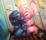  2017 alien angel_(lilo_and_stitch) antennae arm_grab bathroom black_claws blue_fur chest_fur claws cute depth_of_field detailed_background digital_media_(artwork) disney duo dutch_angle experiment_(species) eyes_closed fur grumpy lilo_and_stitch narico philtrum pink_fur romantic_couple signature smile spill stitch toothbrush toothpaste 