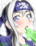  admiral_paru artist_name bandana blue_eyes blush commentary_request dated dress food kamoi_(kantai_collection) kantai_collection looking_at_viewer popsicle solo white_hair 