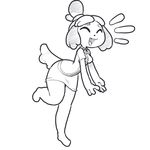  2017 animal_crossing anthro barefoot barking breasts canine clothing digital_media_(artwork) dog eyes_closed female happy isabelle_(animal_crossing) itsunknownanon mammal nintendo one_leg_raised open_mouth pose simple_background skirt solo standing video_games white_background 