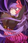  arm_up belt bodysuit bow breasts fate/extra fate/extra_ccc fate/grand_order fate_(series) hair_bow hair_ribbon huge_breasts long_hair looking_at_viewer parted_lips passion_lip purple_hair red_cucumber red_eyes ribbon solo 