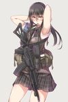  adjusting_hair armband armpits arms_behind_head ass_visible_through_thighs ayyh belt black_hair contrapposto gun highres long_hair magazine_(weapon) mouth_hold original pleated_skirt red_eyes rifle school_uniform simple_background skirt solo standing utility_belt vest weapon 