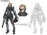  armor battle_rifle blonde_hair blue_eyes breasts commentary forehead full_body gun headset headwear_removed helmet helmet_removed highres knee_pads knife lineart lips military_operator pauldrons pouch power_armor rifle scarf science_fiction scouter sheath sheathed short_hair small_breasts solo titanfall weapon woo_kim 