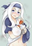  bandages bandana between_breasts blue_eyes blush breasts carrot commentary_request dress kamoi_(kantai_collection) kantai_collection large_breasts looking_at_viewer naik navel sideboob white_hair 