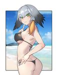  ass back bangs beach bikini black_bikini black_hair blue_sky blush breasts cloud covered_nipples cowboy_shot day dimples_of_venus expressionless eyebrows_visible_through_hair finger_to_mouth from_behind gradient_hair green_eyes hand_on_hip hand_up highres japari_symbol kemono_friends long_hair looking_at_viewer looking_back low_ponytail medium_breasts multicolored_hair no_tail ocean orange_hair shoebill_(kemono_friends) side-tie_bikini side_ponytail sideboob silver_hair skindentation sky solo standing swimsuit underboob water zhangyushao 