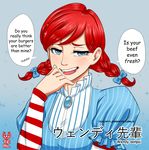  1girl ? blush breasts dress english freckles half-closed_eyes highres looking_at_viewer pinstripe_pattern puffy_short_sleeves red_hair smile smug solo sparkle speech_bubble teeth text twin_braids twintails upper_body wendy&#039;s wendy_(wendy&#039;s) 