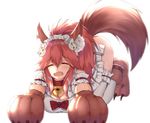  animal_ears apron bell bell_collar breasts closed_eyes collar fate/grand_order fate_(series) fox_ears fox_tail gloves kanikou large_breasts long_hair maid_headdress naked_apron open_mouth paw_gloves paw_shoes paws pink_hair ponytail shoes simple_background solo tail tamamo_(fate)_(all) tamamo_cat_(fate) thighhighs white_background white_legwear 
