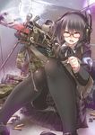  ammunition_belt armband ayyh belt_feed black_hair black_legwear bow cartridge foreshortening glasses gun headset highres knees_together_feet_apart machine_gun original panties panties_under_pantyhose pantyhose pleated_skirt school_uniform semi-rimless_eyewear shell_casing sitting skirt smoke solo teeth underwear vest weapon 