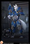  armor azaleesh barefoot blue_eyes canine coltron cosplay digitigrade fur hammer inside male mammal melee_weapon overwatch reinhard_(overwatch) shield solo standing sword tools video_games weapon white_fur wolf 