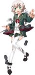  blonde_hair depth_charge full_body green_eyes gun kantai_collection leg_up long_sleeves looking_at_viewer machinery mary_janes official_art open_mouth pantyhose shimushu_(kantai_collection) shoes skirt solo torn_clothes torn_legwear transparent_background turret ugume weapon 