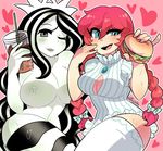  absurdres artist_name bangs blue_eyes blush bow breasts cleavage cleavage_cutout drink dripping food freckles hair_bow hamburger heart heart_background highres holding holding_food kaibuzetta large_breasts multicolored_hair multiple_girls one_eye_closed open_mouth red_hair shadow sidelocks starbucks starbucks_siren stb-chan striped striped_legwear thighhighs topless wendy's wendy_(wendy's) 