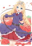  blonde_hair blue_eyes busou_shoujo_machiavellism chouka_u_baragasaki dress drill_hair flower highres long_hair looking_at_viewer open_mouth petals rose rose_petals solo standing tachimi_(basue) twin_drills whip 