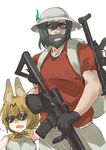  1girl :d animal_ears ar-15 ayyh backpack bag bare_shoulders beard bow bowtie facial_hair feathers genderswap genderswap_(ftm) glasses gun hat helmet highres holding holding_gun holding_weapon kaban_(kemono_friends) kemono_friends looking_to_the_side manly open_mouth pith_helmet rifle serious serval_(kemono_friends) serval_ears serval_print simple_background smile standing sunglasses trigger_discipline weapon white_background 