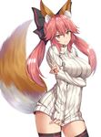  alternate_hairstyle animal_ears black_legwear bottomless breast_hold breasts brown_eyes clothes_tug fate/extra fate_(series) fox_ears fox_shadow_puppet fox_tail highres kanikou large_breasts light_smile long_hair simple_background solo sweater sweater_tug tail tamamo_(fate)_(all) tamamo_no_mae_(fate) thighhighs twintails white_background 