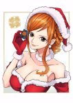  1girl bare_shoulders breasts cleavage hat large_breasts long_hair nami_(one_piece) one_piece orange_hair santa_hat sherumaru_(korcht06) smile 
