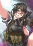  :d armband ayyh blush breasts foreshortening gloves gun handgun headset highres large_breasts looking_to_the_side open_mouth original pistol pleated_skirt reaching_out red_eyes self_shot sig_sauer sig_sauer_p320 skirt smile solo trigger_discipline utility_vest vest watch weapon wristwatch 