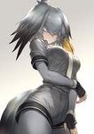  bangs bird_tail black_gloves black_hair blush bodystocking breasts eyebrows_visible_through_hair gloves gradient gradient_background grey_hair grey_shirt grey_shorts guchico head_wings kemono_friends long_hair low_ponytail medium_breasts multicolored_hair necktie shirt shoebill_(kemono_friends) short_sleeves shorts side_ponytail simple_background solo white_neckwear yellow_eyes 