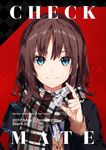  arisaka_ako bangs blazer blue_eyes brown_hair chess_piece cover cover_page doujin_cover jacket original plaid plaid_scarf red_background scarf school_uniform short_hair smile solo upper_body 