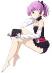  alternate_hairstyle bare_shoulders barefoot book bow detached_sleeves fate/grand_order fate_(series) flat_chest full_body hair_bow helena_blavatsky_(fate/grand_order) looking_at_viewer looking_to_the_side plantar_flexion purple_eyes purple_hair shiime short_hair short_ponytail simple_background sketch solo strapless tree_of_life white_background white_sleeves 