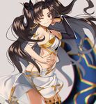  armlet bare_shoulders black_hair butt_crack crown earrings fate/grand_order fate_(series) hair_ribbon heavenly_boat_maanna hoop_earrings ishtar_(fate/grand_order) jewelry kabocha_(monkey4) long_hair one_eye_closed red_eyes ribbon single_thighhigh solo thighhighs 