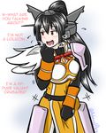  admiral_paru alternate_costume armor armored_dress black_gloves black_hair blush breastplate commentary cosplay darkness_(konosuba) darkness_(konosuba)_(cosplay) english english_commentary eyebrows_visible_through_hair gloves headgear heavy_breathing kantai_collection kono_subarashii_sekai_ni_shukufuku_wo! long_hair nagato_(kantai_collection) ponytail solo 