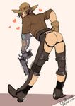  1boy ass body_hair boots cowboy full_body gun hat male_focus mccree_(overwatch) overwatch presenting solo weapon 