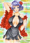  1girl artist_name bare_arms bare_shoulders bare_thighs black_dress blue_eyes blush breasts carina_(one_piece) cleavage dress earring flower_on_head hand_on_head large_breasts one_piece one_piece_film_gold smile takecha tongue_out 
