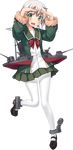  blonde_hair full_body green_eyes gun kantai_collection leg_up long_sleeves looking_at_viewer machinery mary_janes official_art open_mouth pantyhose shimushu_(kantai_collection) shimushu_pose shoes skirt smile solo transparent_background turret ugume weapon 