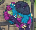  2015 anal anal_penetration anthro anthro_on_anthro biceps biped blue_skin blush crylin cum duo eye_contact inside interspecies male male/male male_penetrating muscular muscular_male penetration purple_skin reptile scalie sex shell smile tail_sex turtle turtles wounded 