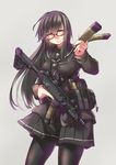  ayyh belt black_hair contrapposto eyebrows_visible_through_hair glasses gun highres long_hair looking_at_viewer looking_to_the_side magazine_(weapon) original pantyhose pleated_skirt pouch red_eyes school_uniform semi-rimless_eyewear simple_background skirt smile solo standing submachine_gun sweater trigger_discipline utility_belt weapon wind 
