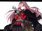  adjusting_clothes adjusting_gloves antique_firearm bag bandaged_head bandages bangs belt belt_buckle between_breasts black_jacket black_skirt breasts buckle buttons closed_mouth fate/grand_order fate_(series) firearm florence_nightingale_(fate/grand_order) fur-trimmed_sleeves fur_trim gloves grey_gloves gun jacket jacket_on_shoulders kanikou letterboxed long_hair long_sleeves medium_breasts military military_uniform one_eye_covered pink_hair pleated_skirt red_eyes serious simple_background skirt solo strap_cleavage tsurime uniform very_long_hair weapon white_background 