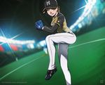  :&gt; :q baseball baseball_cap baseball_mitt baseball_stadium baseball_uniform belt black_footwear blurry breasts brown_hair depth_of_field emphasis_lines erica_june_lahaie hat hokkaido_nippon-ham_fighters holding indoors leg_up long_sleeves medium_breasts nippon_professional_baseball original pants pitcher pitching shoes short_hair short_sleeves solo_focus sparkle sportswear standing standing_on_one_leg sweat tongue tongue_out watermark white_pants yellow_eyes 