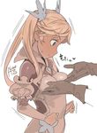  blonde_hair blush breast_hold breasts brown_gloves clenched_hands dark_skin full-face_blush gloves granblue_fantasy groping hands io_euclase long_hair looking_down medium_breasts rkrk signature simple_background solo_focus twintails upper_body white_background 