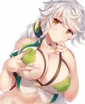  asymmetrical_hair bare_shoulders bra breasts cloud_print collarbone covered_nipples crop_top cupless_bra deep_skin detached_collar dutch_angle grabbing hair_between_eyes hand_on_own_chest jitome kantai_collection large_breasts light_smile long_hair looking_at_viewer midriff puffy_nipples remodel_(kantai_collection) short_sleeves silver_hair solo underwear unryuu_(kantai_collection) upper_body very_long_hair yamaarashi yellow_eyes 